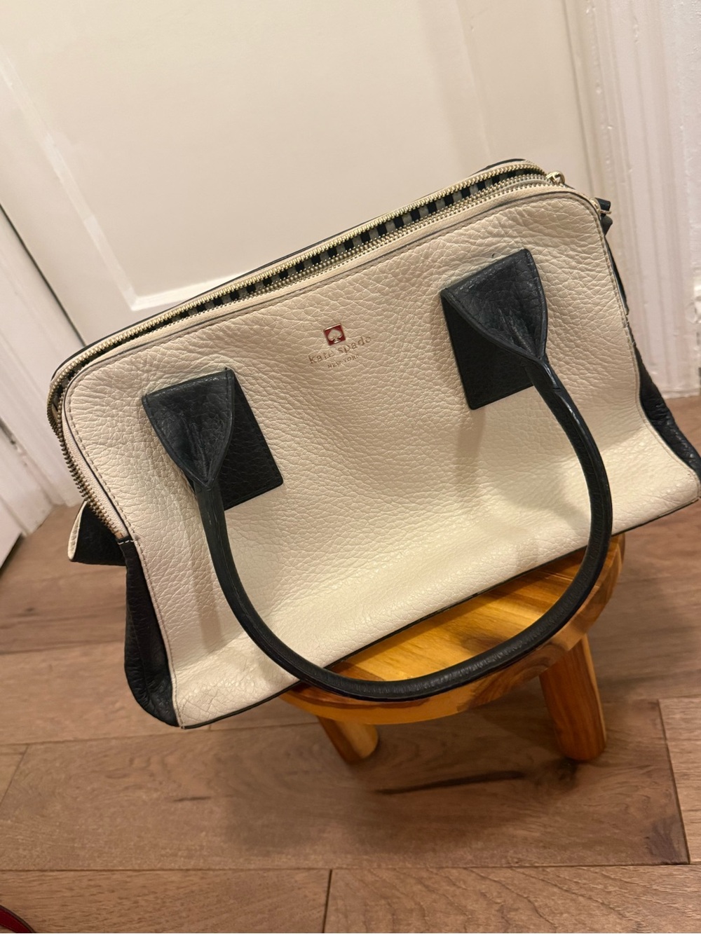 kate spade Cream and Black Pebbled Leather Satchel